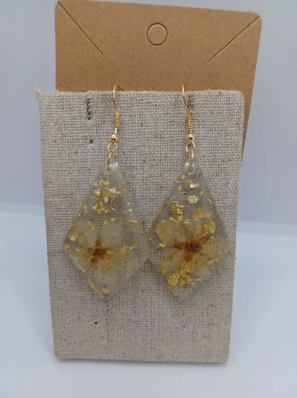 women’s luxury pearl earrings -Diamond Shaped Acrylic Earrings w/ Golden Pressed Flowers