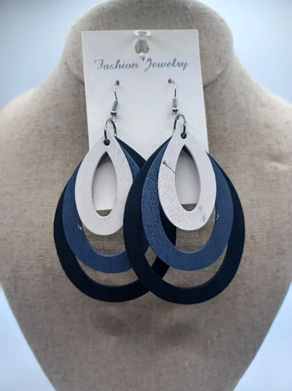 women’s flower earrings -Triple Layered White, Grey, & Black Oval Wooden Earrings