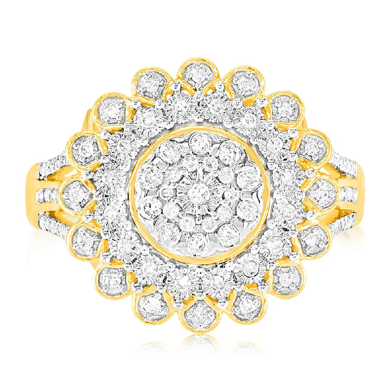 classic solitaire engagement rings -9ct Yellow Gold 1/4 Carat Diamond Ring with 91 Round Brilliant Cut Diamonds in Disc Setting