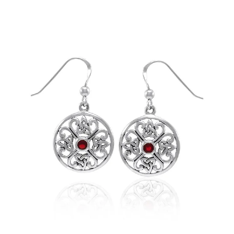 women’s luxury pearl earrings -Celtic Trinity Knot Silver Round Earrings with Gemstone TER1389 - Ruby Glass