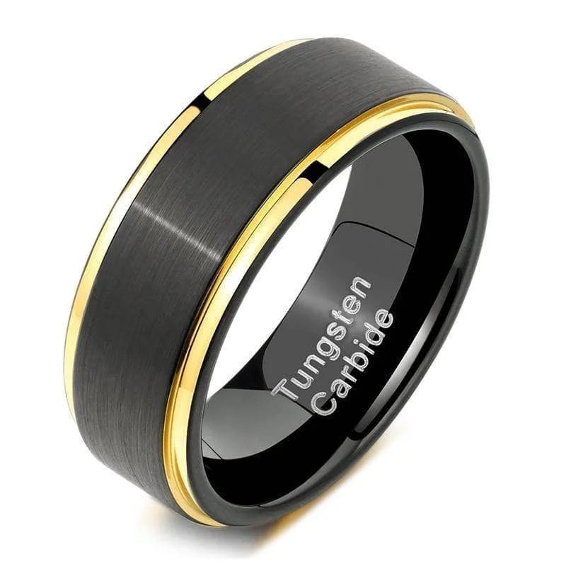 women’s gemstone rings -Men's Tungsten Carbide 8mm Black Golden Line Wedding Band