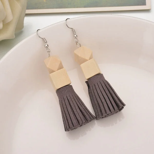 women’s triangle earrings -Wooden Tassel Style Earrings - Grey