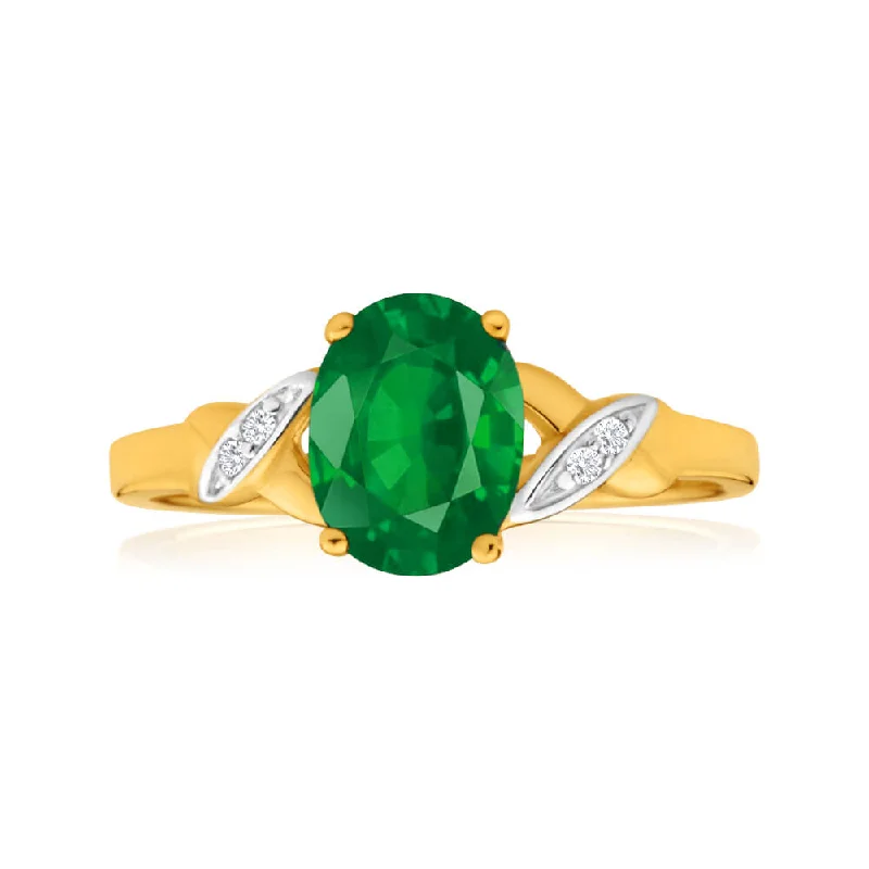 vintage engagement rings for women -9ct Yellow Gold Oval Created Emerald + Diamond Ring