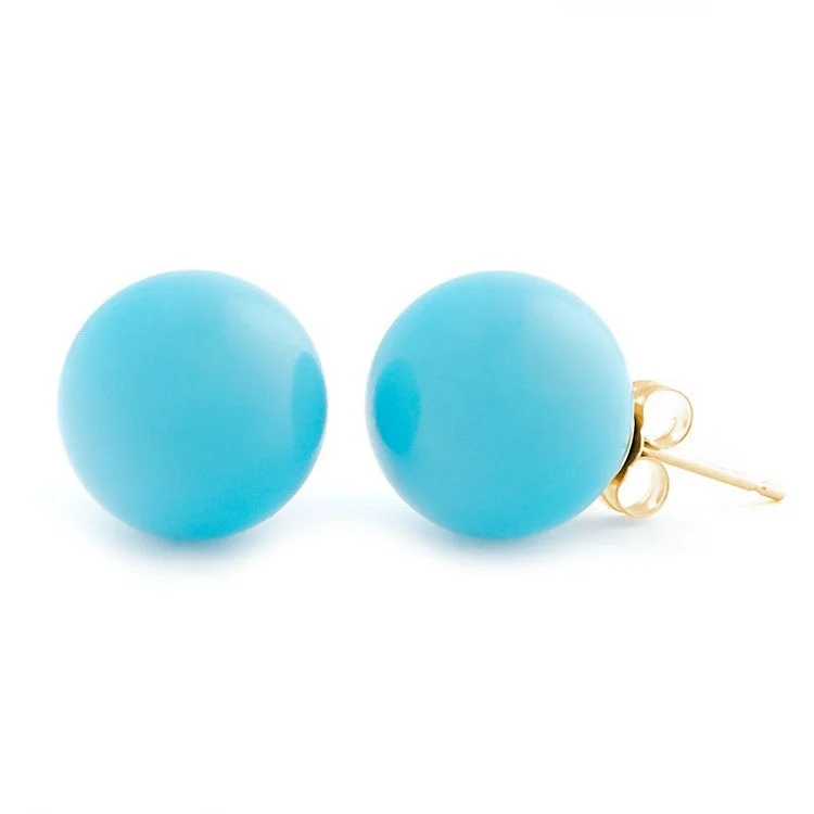 women’s cuff earrings -12mm Sleeping Beauty Turquoise Ball Stud Earrings 14K Yellow Gold