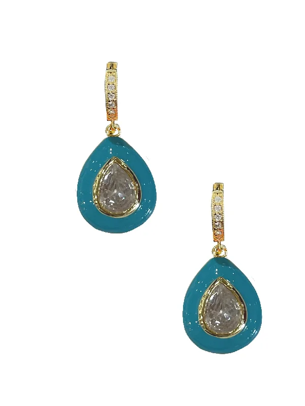 women’s hoop earrings with gemstones -Turquoise Enamel Bezel Teardrop Huggies