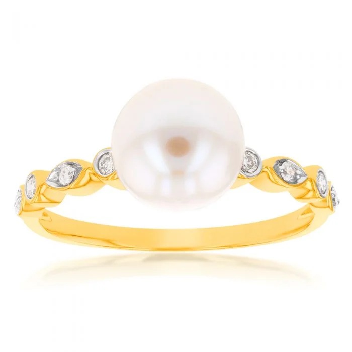 custom wedding rings and engagement rings -9ct Yellow Gold Freshwater Pearl and Diamond Ring