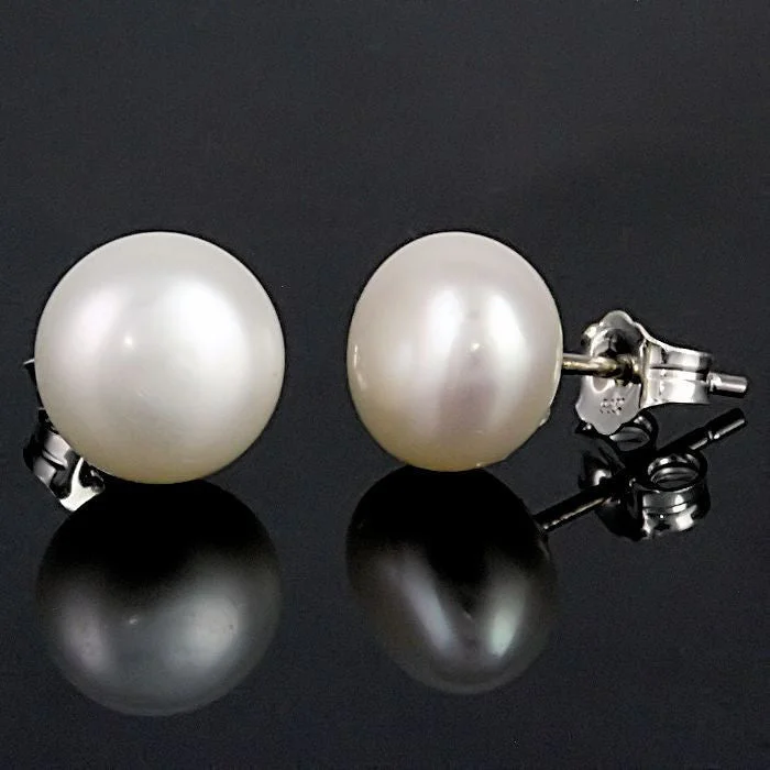 women’s huggie earrings -Alida: 8mm Natural White Freshwater Pearl Stud Earrings 925 Silver