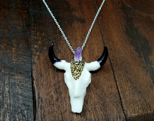 simple heart necklaces for women -Amethyst Bull Horn Necklace