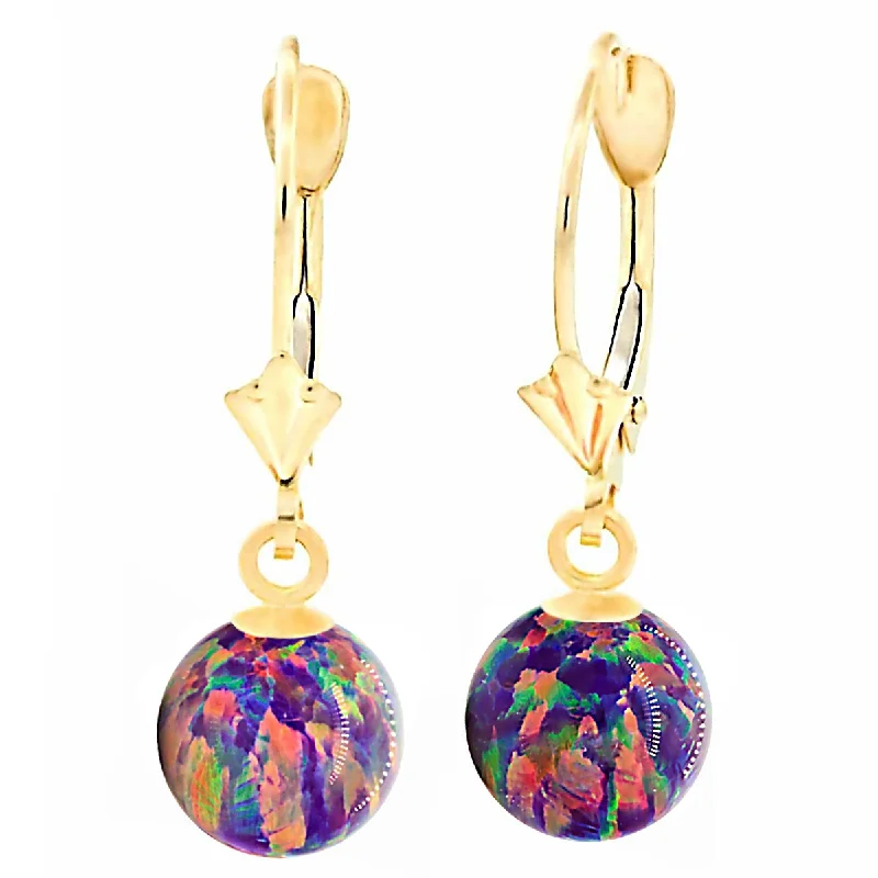 luxury earrings for women -Elizabeth: Royal Lavender Created Australian Opal Ball Drop Leverback Earrings 14K Yellow Gold