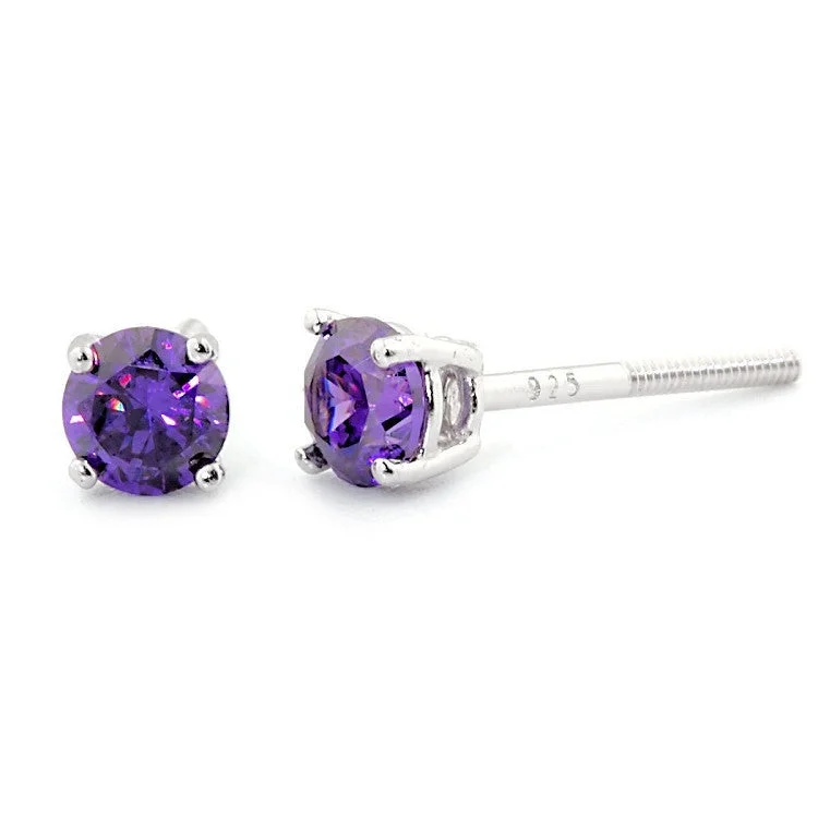 women’s simple stud earrings -4mm Brilliant Cut Amethyst Ice CZ Screw Back Earrings Sterling Silver