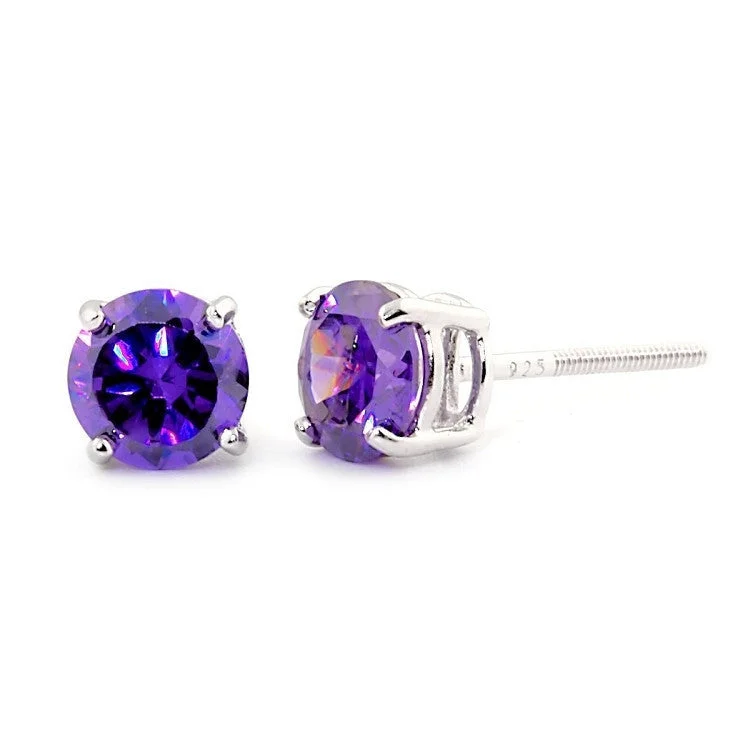 diamond stud earrings for women -8mm Brilliant Cut Amethyst Ice CZ Screw Back Earrings Sterling Silver