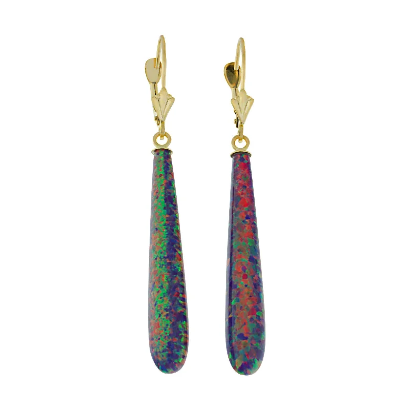 women’s art earrings -Elizabeth: 35mm Royal Lavender Created Opal Teardrop Lever Back Earrings 14-20GF