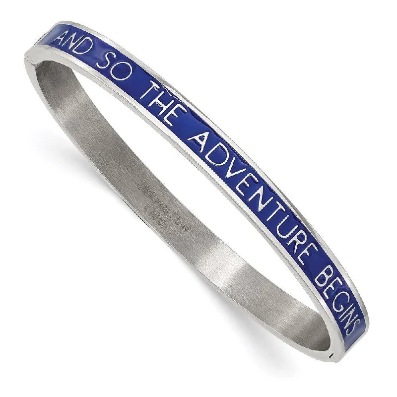 colorful bangles for women -Stainless Steel Polished Blue Enamel ADVENTURE BEGINS 6mm Bangle