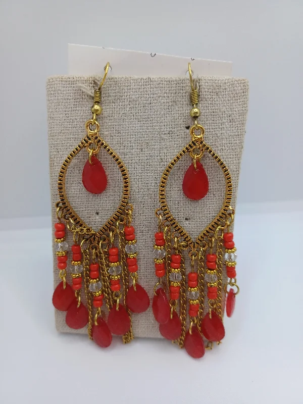 women’s stud earrings with diamonds -Gold Earrings w/ Red Dangle Beading