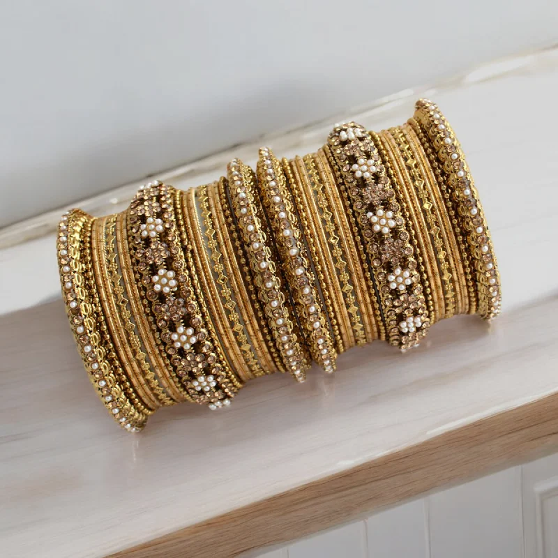 stackable bracelets for women -Traditional Antique Golden Pearl Bangle Set, Ethnic Bangles, Pakistani Bangles Set, Indian Wedding Jewelry