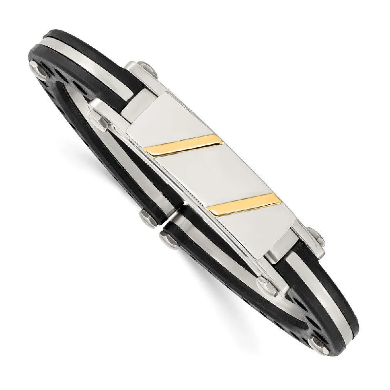 handmade bangles for women -Stainless Steel Black PVC & 14k Yellow Inlay Hinged Bangle