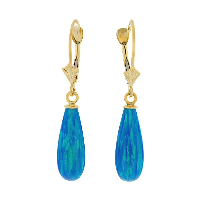 women’s boho earrings -Oceans: 16mm Tropical Blue Created Opal Teardrop Lever Back Earrings Gold Filled