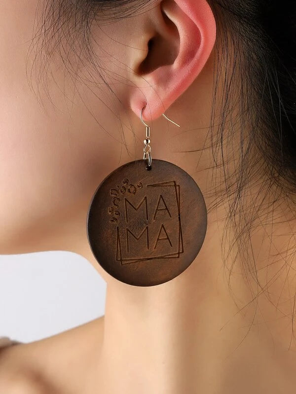 gold hoop earrings for women -Brown Wooden "Mama" Earrings