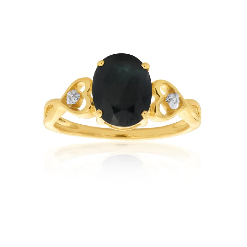 classic solitaire engagement rings -9ct Yellow Gold Natural Black Sapphire & Diamond Ring