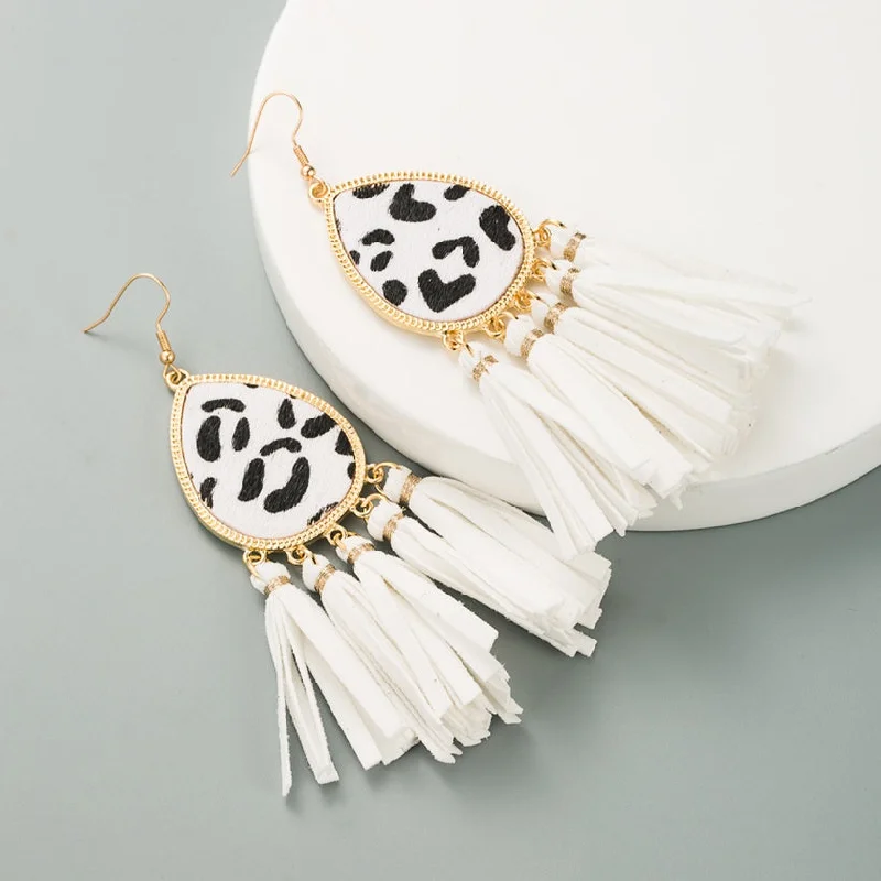 women’s tassel earrings -White Leopard Tassel Style Earrings