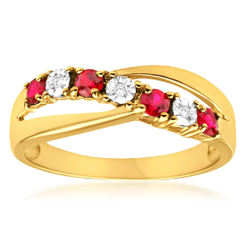 women’s matching engagement and wedding rings -9ct Yellow Gold 4 Created Ruby and 3 Diamond Ring