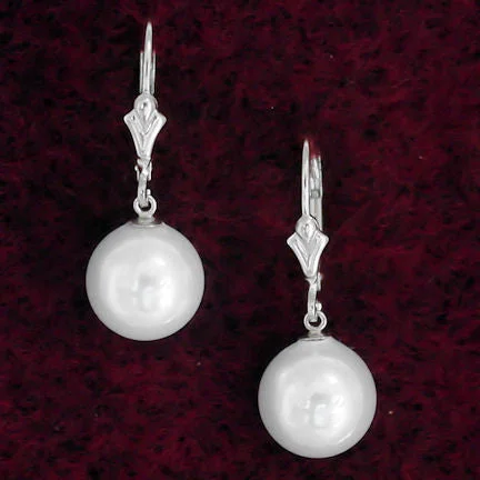 women’s chandelier drop earrings -10mm South Sea Shell Pearl Leverback Earrings 14K White Gold