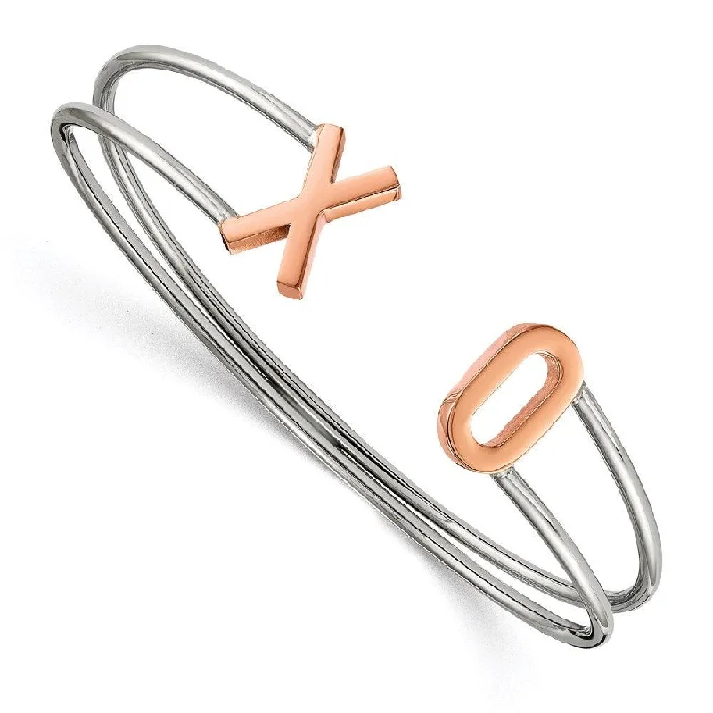 trendy bangles for women -Stainless Steel Polished Rose IP-plated XO Flexible Cuff Bangle