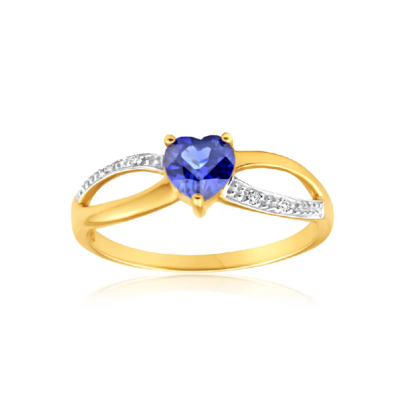 women’s engagement rings with pearls -9ct Charming Yellow Gold Created Sapphire + Diamond Ring