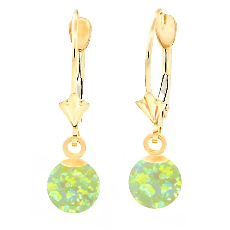 unique earrings for women -Aileen: Lime Green Created Australian Opal Ball Drop Leverback Earrings 14K Yellow Gold