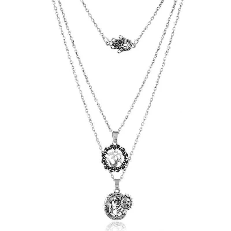 cubic zirconia necklaces for women -Silver Tone Sun & Moon & Hamsa Layered Necklace