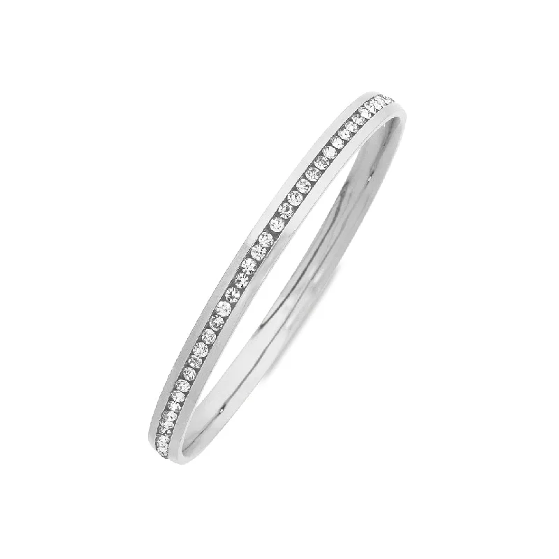 women’s silver bangles -White Stainless Steel Channel Crystal Bangle 70mm