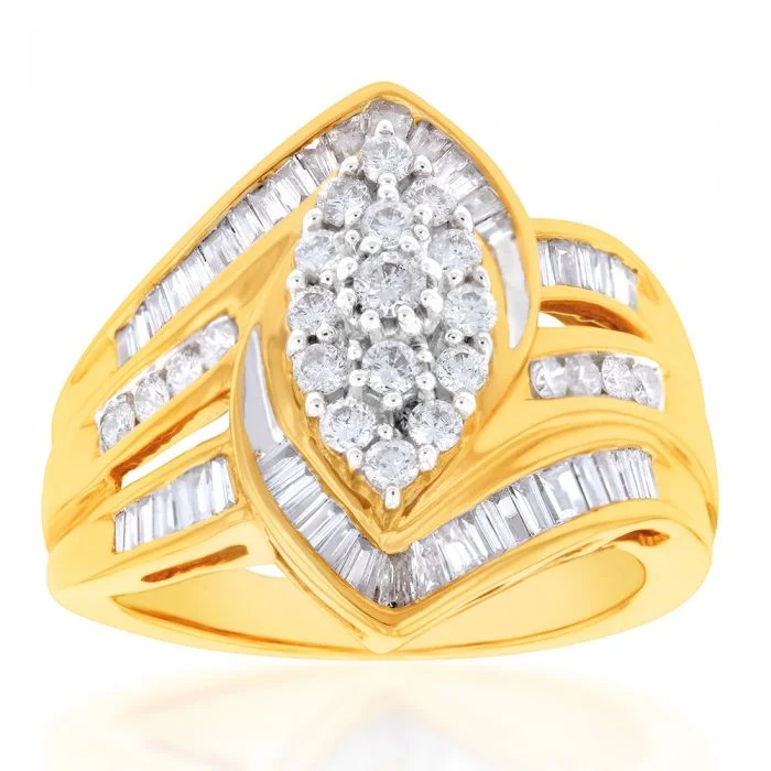 vintage engagement rings for women -9ct Yellow Gold 1 Carat Diamond Ring Set with 63 Diamonds