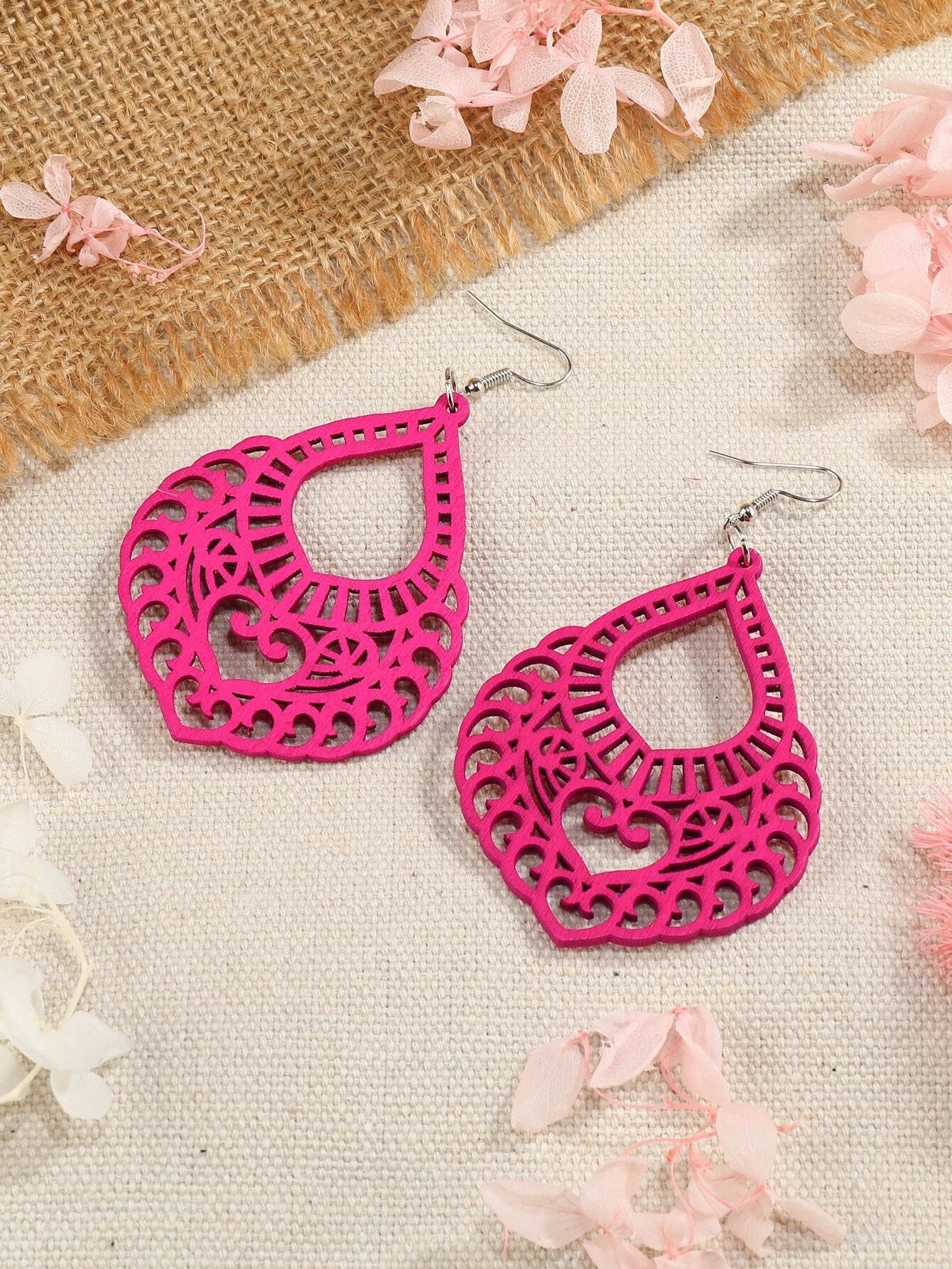 silver earrings for women -Pink Cutout Wooden Earrings