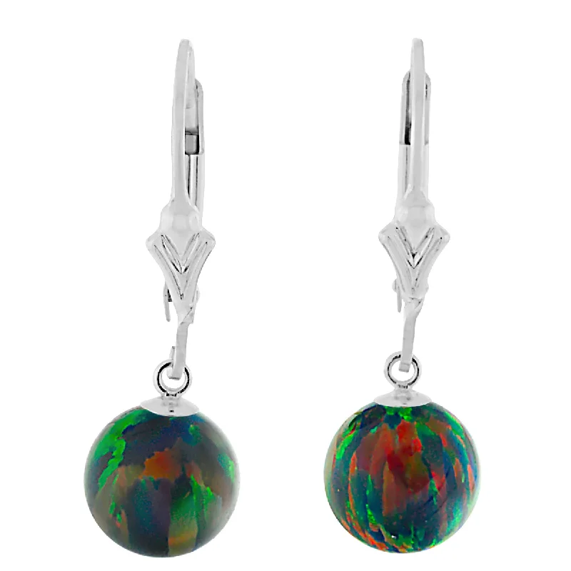 designer earrings for women -Aurora: Black Created Australian Opal Ball Drop Leverback Earrings 925 Sterling Silver