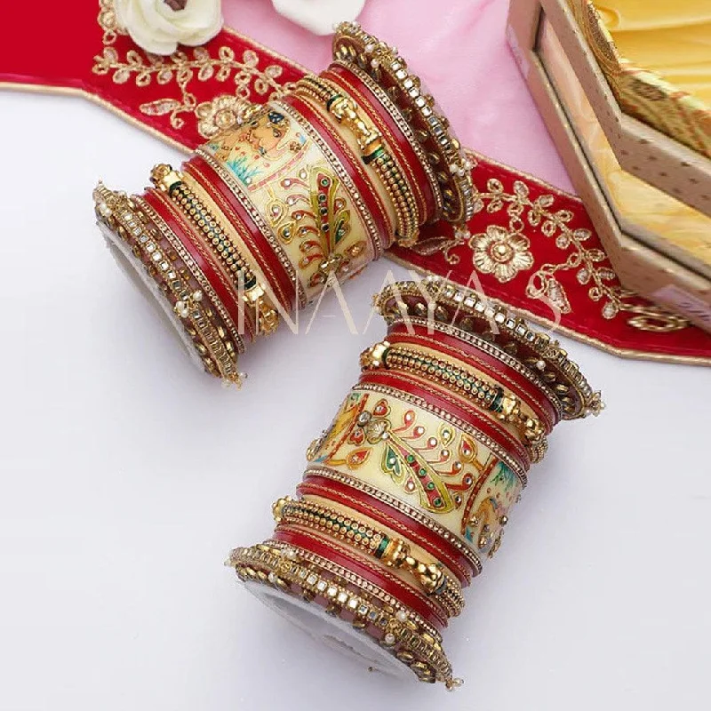 rose gold bangles for women -Traditional Ganesha Rajwadi chuda, Bridal chuda, Dulhan Bridal Art Stones Bangles Set, Jaipur Rajasthani Indian chura, Red Green Chura Set