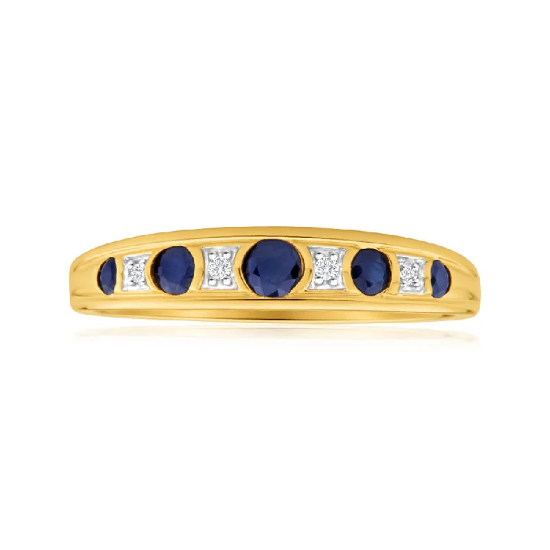 engagement rings with colorful gemstones -9ct Yellow Gold 5 Natural Sapphire and Diamond Ring