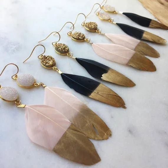 women’s triangle earrings -Gold Dipped Feather Earrings