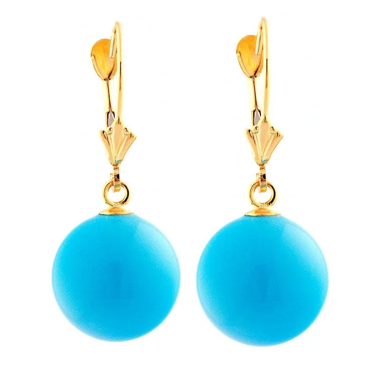 women’s butterfly earrings -12mm Sleeping Beauty Turquoise Ball Drop Leverback Earrings 14K Gold