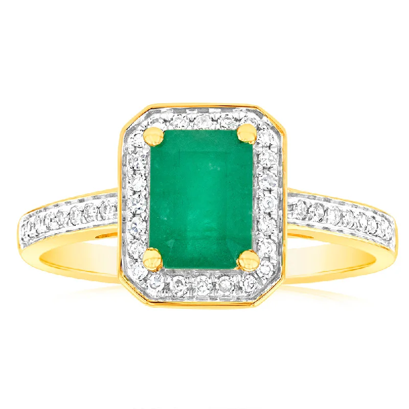 custom wedding rings and engagement rings -9ct Yellow Gold 1ct Natural Emerald and 0.15 Carat Diamond Ring