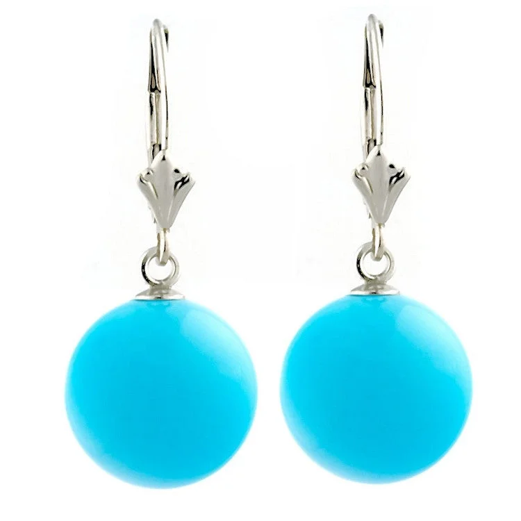 women’s dainty earrings -12mm Sleeping Beauty Turquoise Ball Leverback Earrings 925 Silver