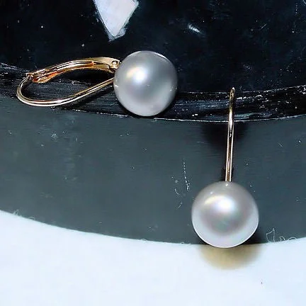 women’s art earrings -8mm Cultured Gray Pearl Cup Leverback Earrings 14K Yellow Gold