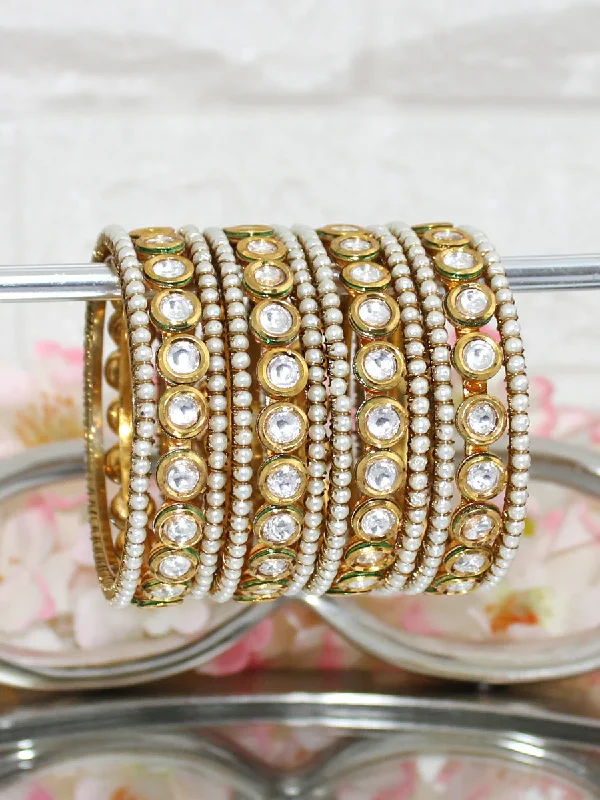 women’s bracelet with charms -Exquisite Pearl Studded Kundan Bangles Set, Ethnic Jewelry Set, Gold Plated Bridal Jewelry, Wedding Pearl bangles, Kundan Chura Set, Indian Jewellery Set, Bollywood Pearl Jewelry, Pakistani Jewellery, celebrity Bangles