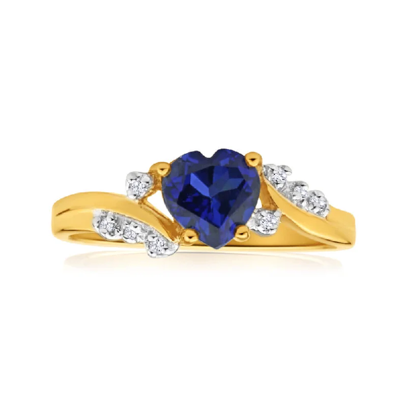 women’s yellow diamond engagement rings -9ct Yellow Gold Created Sapphire Heart + Diamond Ring