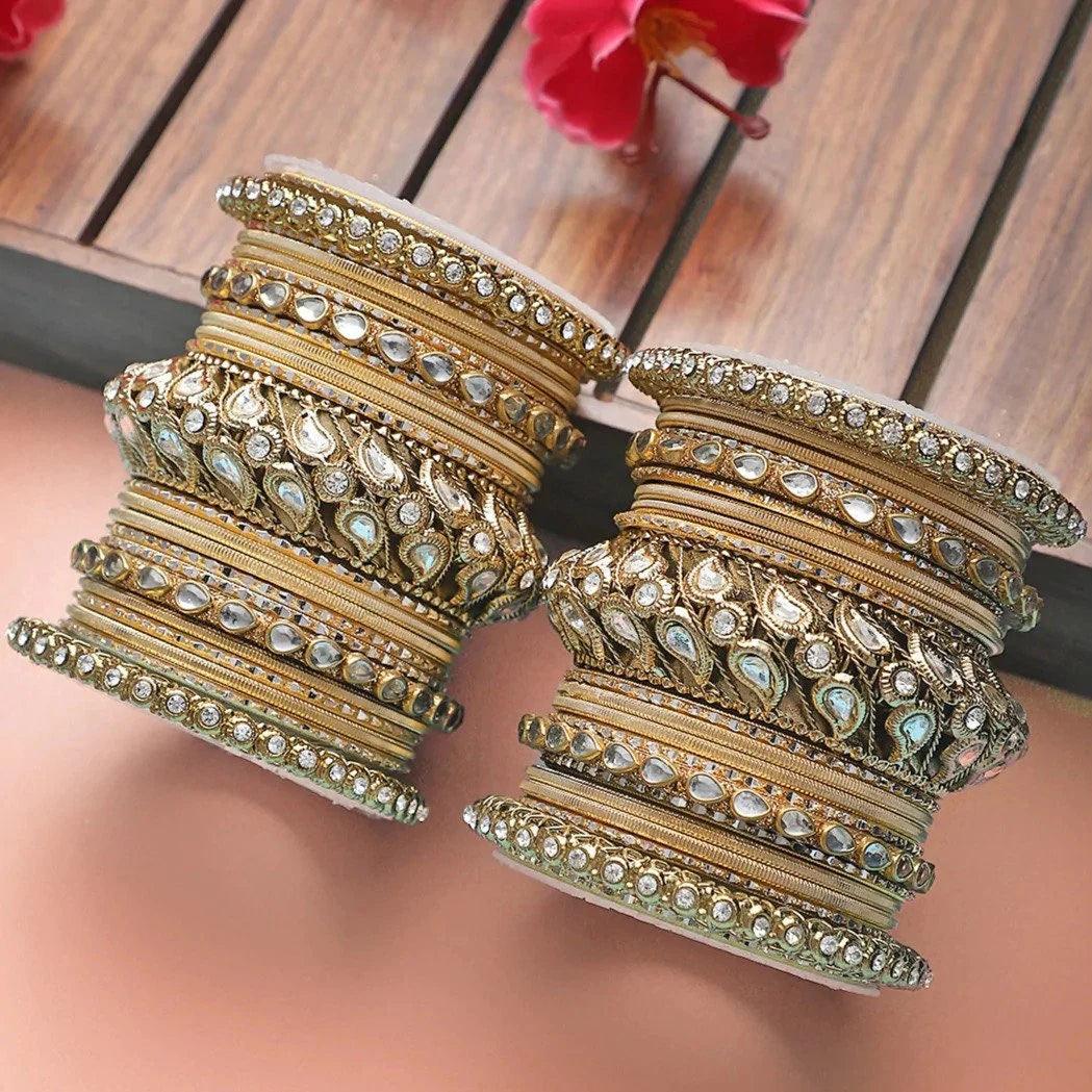 rose gold bangles for women -Golden Wedding Bangle set, Bridal bangles set of 2 Kundan Bangles with Chakri Kada, Bollywood Jewelry Set of 46 Bangles, Indian Jewelry