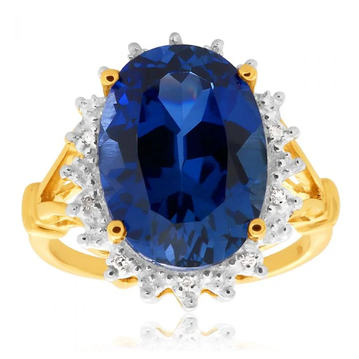 women’s engagement rings with sapphires -9ct Yellow Gold Created Sapphire & Diamond Ring