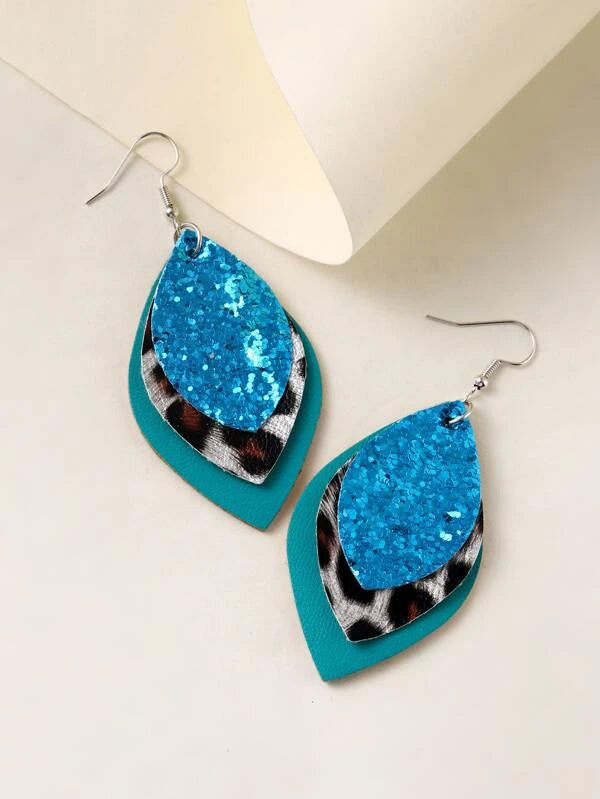 women’s boho stud earrings -Triple Layered Teal & Animal Print Style Leather Earrings