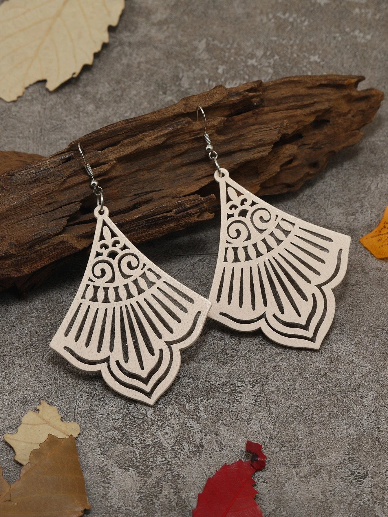 women’s ear cuffs -Tan Wooden Cutout Earrings