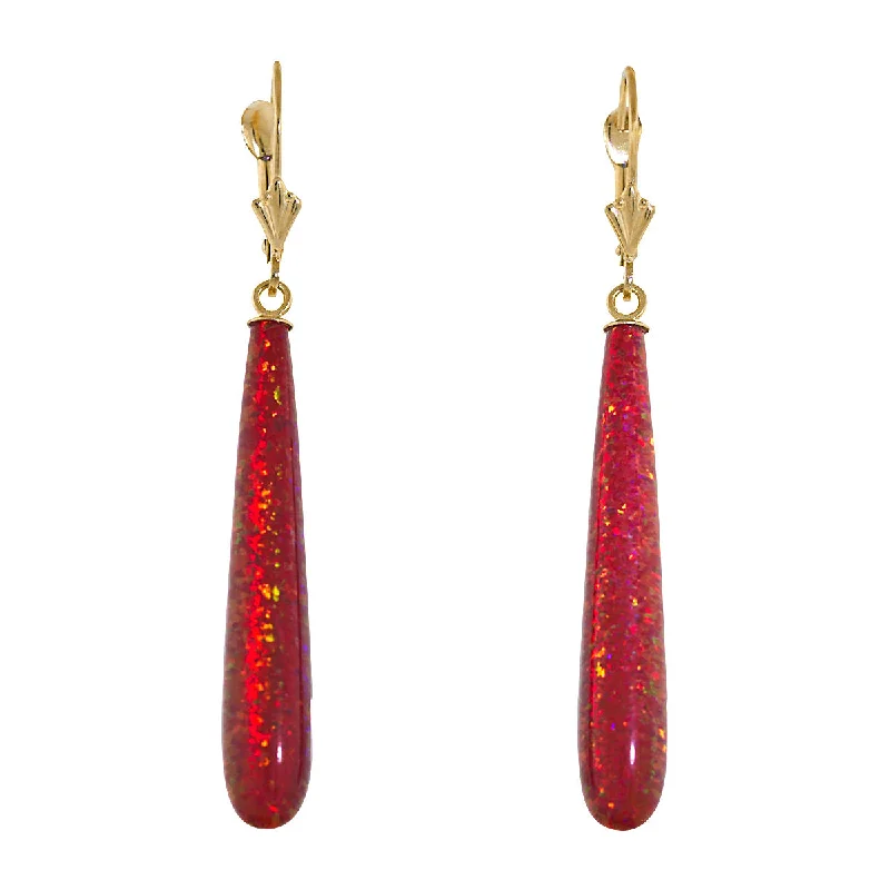 women’s dangling earrings -Ginger: 35mm Flame Red Created Opal Teardrop Lever Back Earrings 14K Yellow Gold