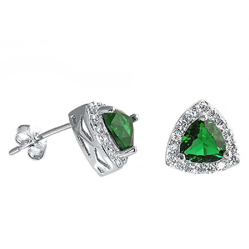 designer earrings for women -Lailie: Green Emerald Ice CZ Trillion cut & IOF CZ Halo Earrings