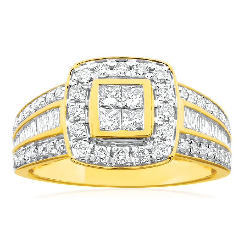 women’s traditional engagement rings -9ct Yellow Gold 1 Carat Diamond Ring Set with 76 Stunning  Diamonds